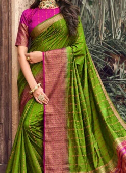 Woven Work Mehendi Green Color Banarasi Silk Saree Party Wear