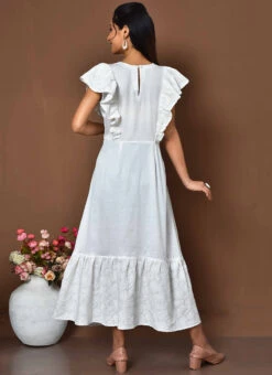 White Cotton Digital Print A Line Dress Work Wear -Sari Grace Shop white cotton digital print a line dress drsoas1573 b