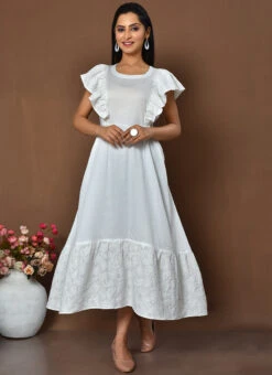 White Cotton Digital Print A Line Dress Work Wear -Sari Grace Shop white cotton digital print a line dress drsoas1573 u