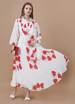 White Faux Georgette Digital Print Fit And Flare Dress After Six Wear -Sari Grace Shop white faux georgette digital print fit and flare dress drssck6005 u