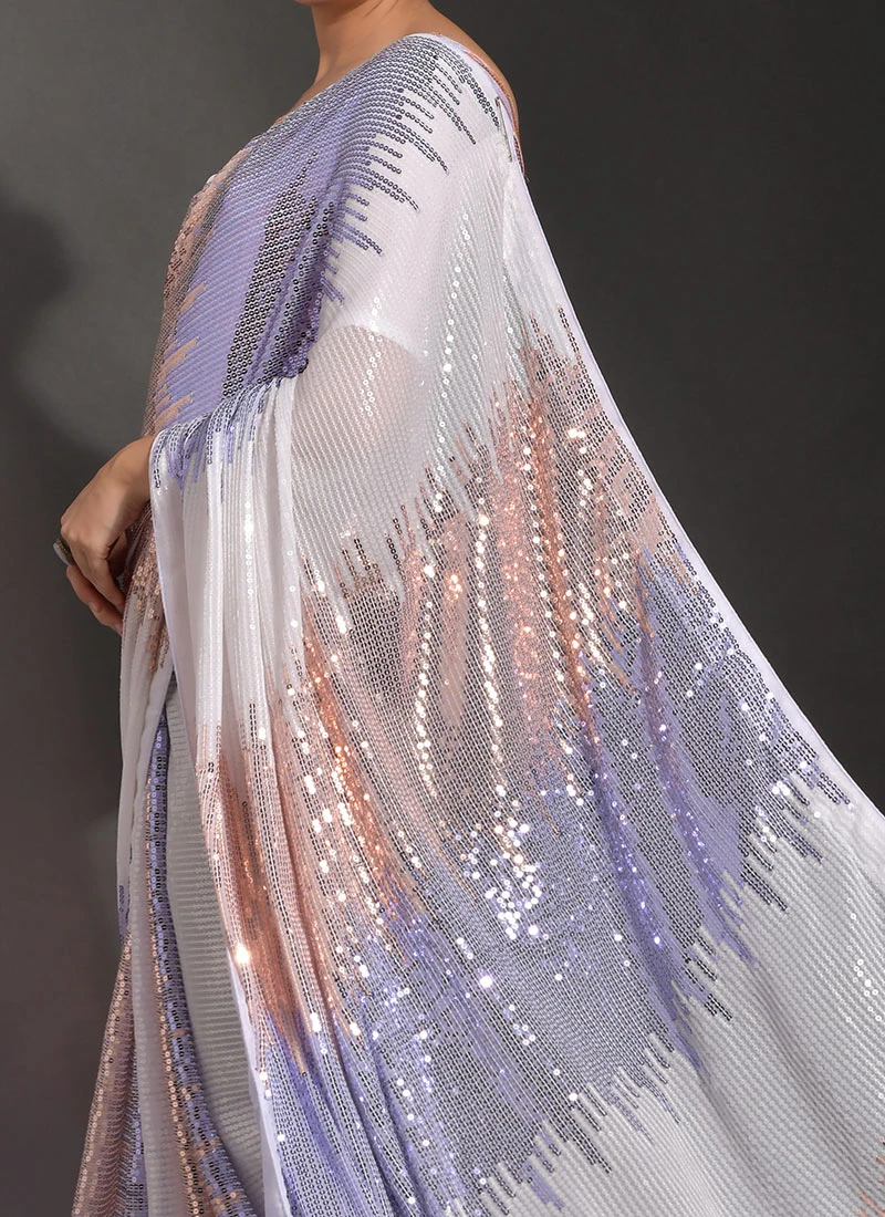 White Georgette Sequins Work Saree Party Wear 3 White Georgette Sequins Work Saree Party Wear