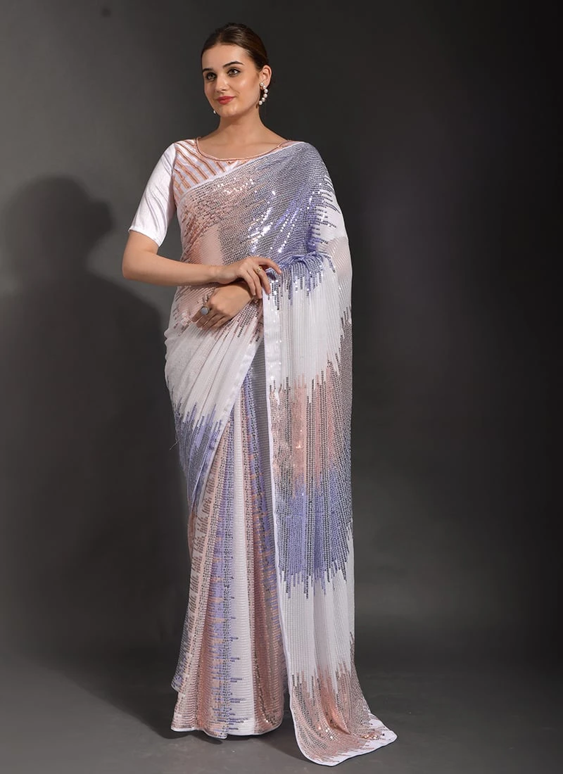 White Georgette Sequins Work Saree Party Wear 5 White Georgette Sequins Work Saree Party Wear - Image 3