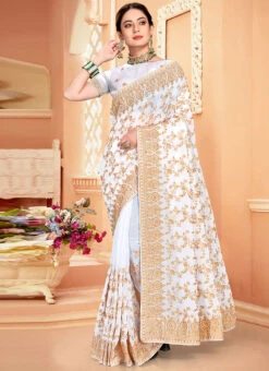White Georgette Zari Embroidery Work Saree Party Wear -Sari Grace Shop white georgette zari embroidery work saree sasunfl1512 u