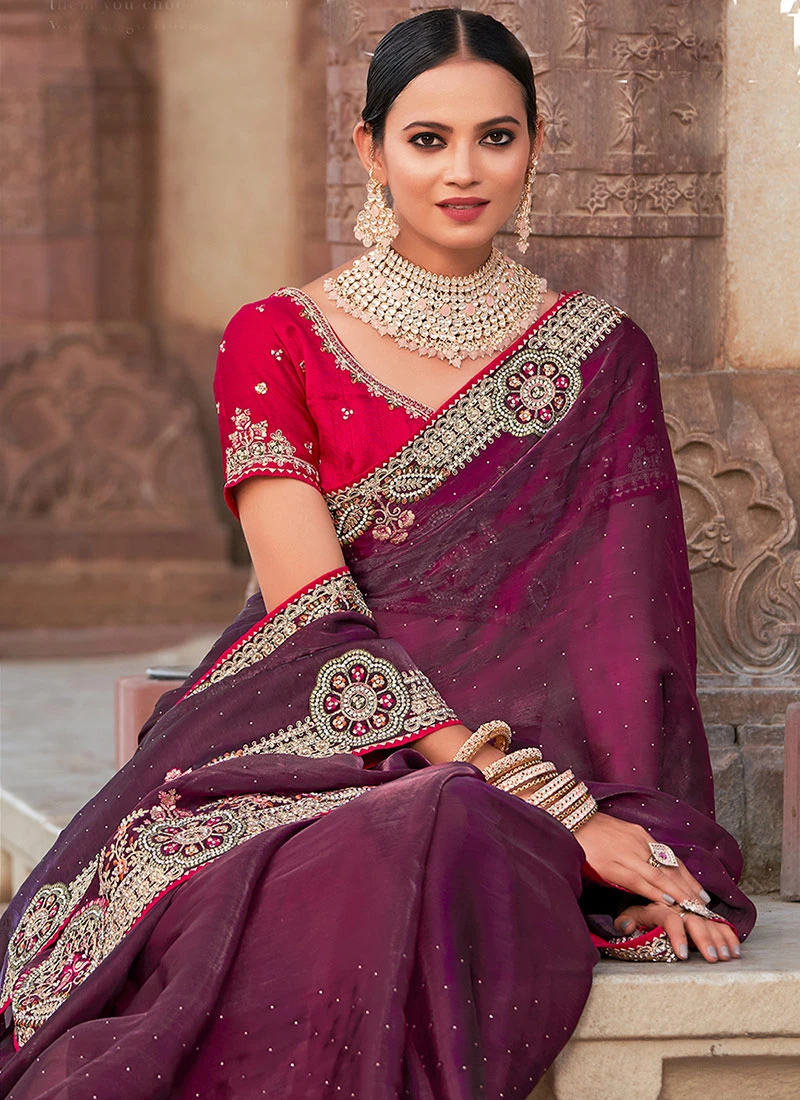 Wine Art Silk Embroidered Saree Party Wear 6 Wine Art Silk Embroidered Saree Party Wear - Image 4