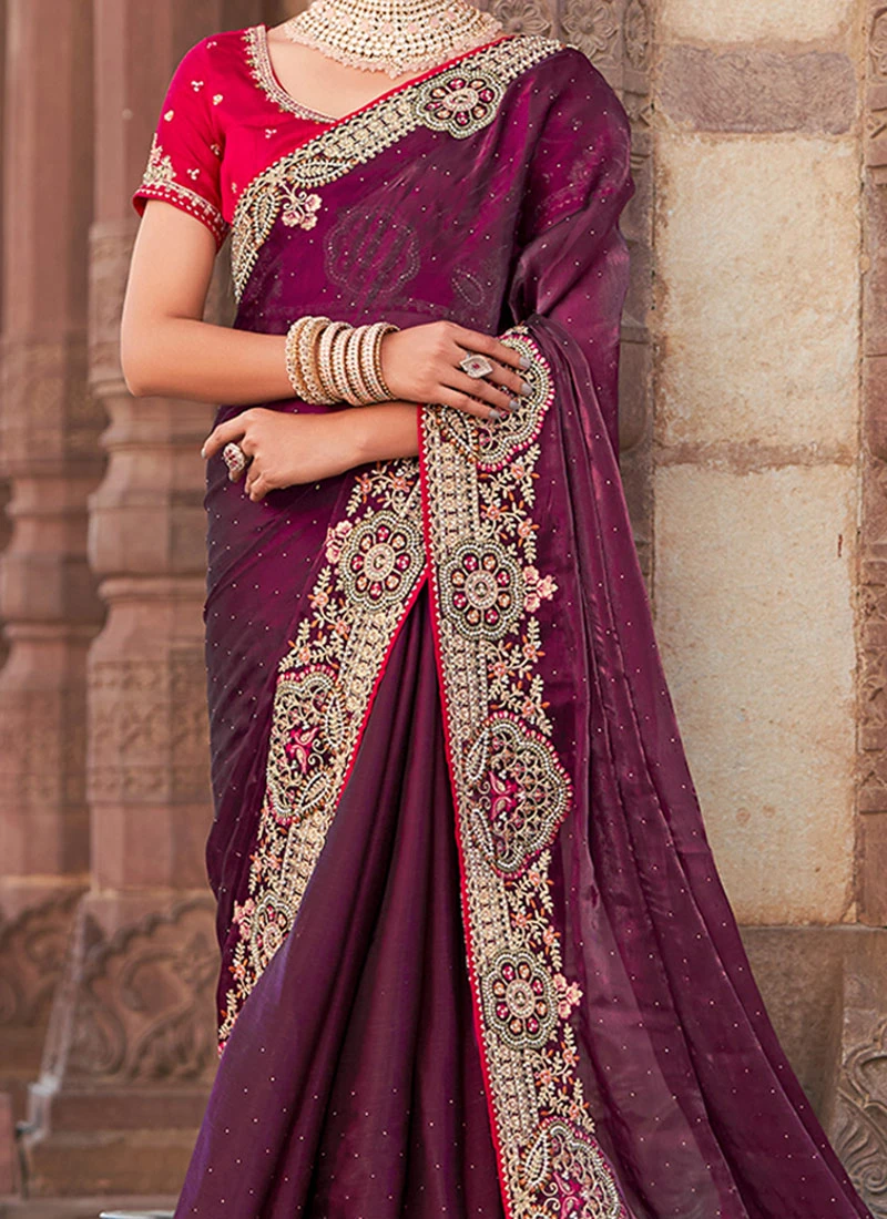 Wine Art Silk Embroidered Saree Party Wear 3 Wine Art Silk Embroidered Saree Party Wear