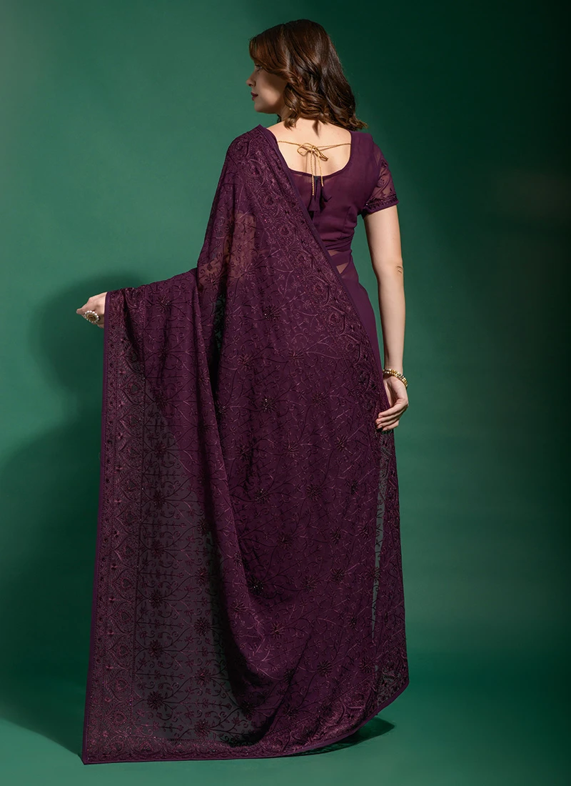 Wine Color Blooming Thread Embroidery Diamond Work Georgette Saree Party Wear 6 Wine Color Blooming Thread Embroidery Diamond Work Georgette Saree Party Wear - Image 4