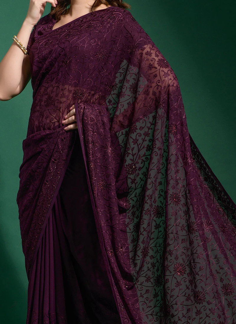 Wine Color Blooming Thread Embroidery Diamond Work Georgette Saree Party Wear 3 Wine Color Blooming Thread Embroidery Diamond Work Georgette Saree Party Wear
