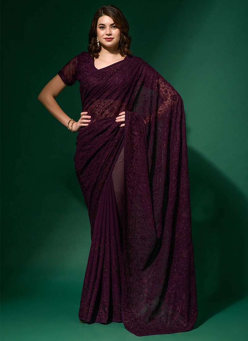 Wine Color Blooming Thread Embroidery Diamond Work Georgette Saree Party Wear 5 Wine Color Blooming Thread Embroidery Diamond Work Georgette Saree Party Wear - Image 3