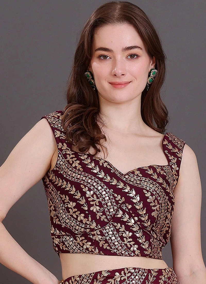 Wine Embroidered Sleeveless Blouse Wedding Wear 5 Wine Embroidered Sleeveless Blouse Wedding Wear - Image 3