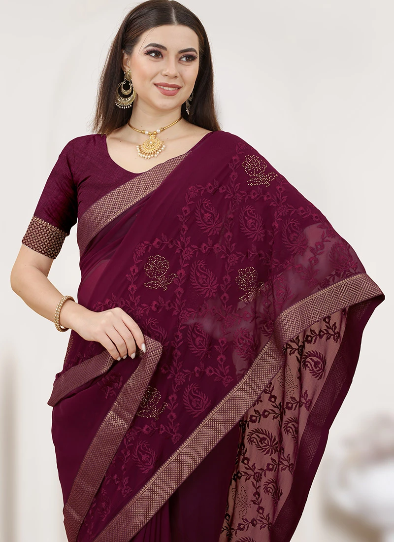 Wine Georgette Embroidery Saree Festive Wear 6 Wine Georgette Embroidery Saree Festive Wear - Image 4