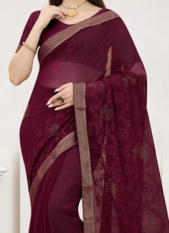 Wine Georgette Embroidery Saree Festive Wear