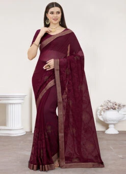 Wine Georgette Embroidery Saree Festive Wear 8 Wine Georgette Embroidery Saree Festive Wear -Sari Grace Shop wine georgette embroidery saree sasnf6715 u