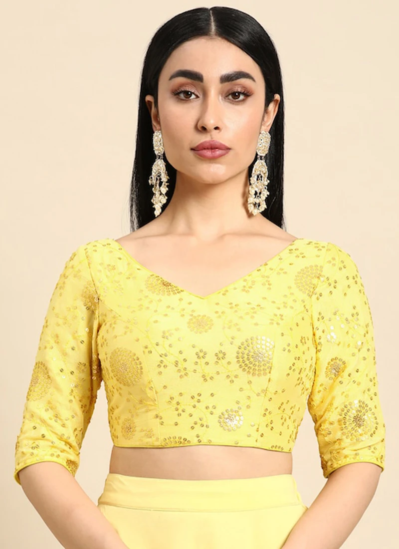 Yellow Chinon Embroidered Blouse Festive Wear 5 Yellow Chinon Embroidered Blouse Festive Wear - Image 3