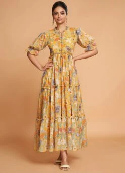 Yellow Georgette Digital Print Fit And Flare Dress After Six Wear -Sari Grace Shop yellow georgette digital print fit and flare dress drsacw9020 u
