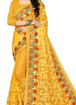 Yellow Net Embroidered Work Saree Festive Wear
