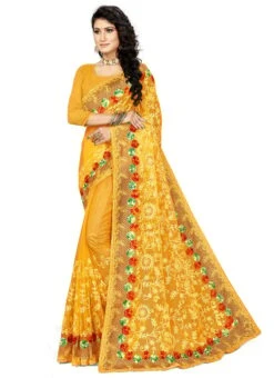 Yellow Net Embroidered Work Saree Festive Wear -Sari Grace Shop yellow net embroidered work saree sasstsktarya8202 u