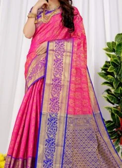 Zari Weaving Work Pink Color Litchi Silk Saree Party Wear