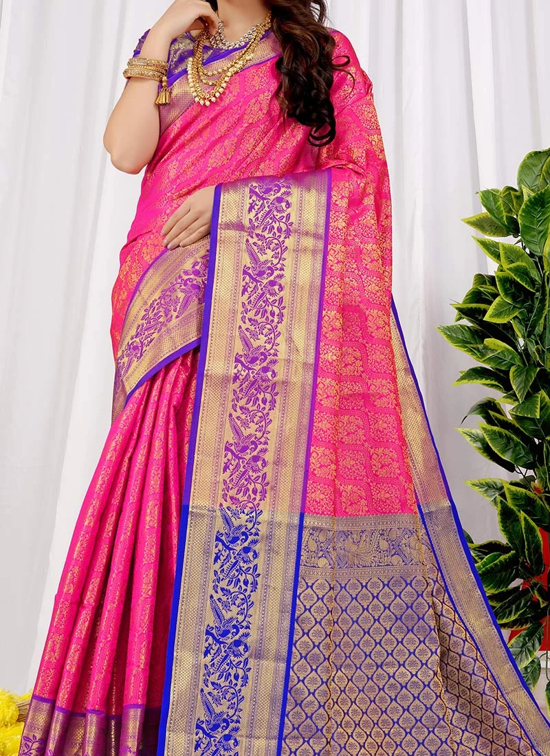 Zari Weaving Work Pink Color Litchi Silk Saree Party Wear 3 Zari Weaving Work Pink Color Litchi Silk Saree Party Wear