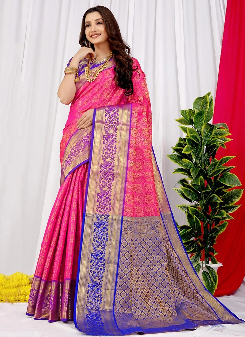 Zari Weaving Work Pink Color Litchi Silk Saree Party Wear 5 Zari Weaving Work Pink Color Litchi Silk Saree Party Wear - Image 3