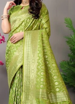 Zari Work Light Green Color Soft Silk Saree Festive Wear